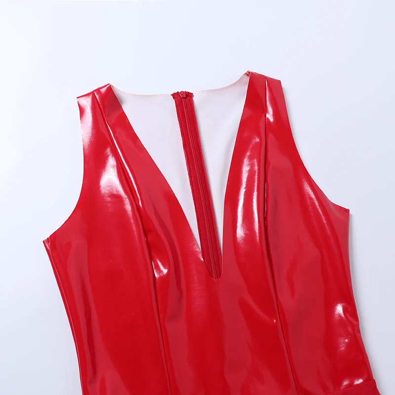 body à manches longues simili cuir rouge femme