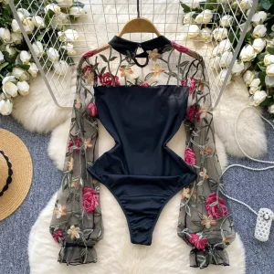 body manches transparentes motif floral pour femme
