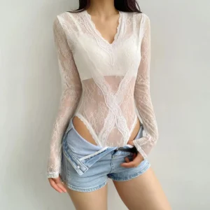 body dentelle femme manche longue croix