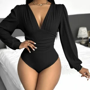 body femme habillé manche longue noir décolleté plongeant