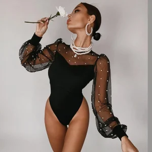 body femme habillé noir élégant manches transparentes