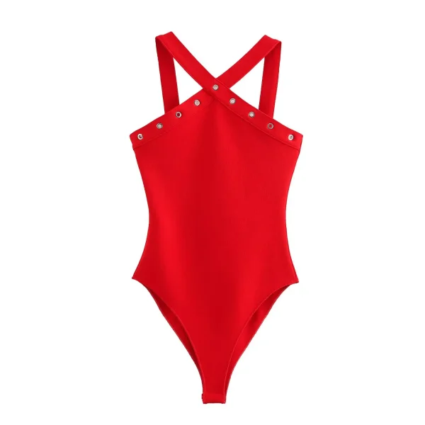 Body Rouge Femme À Bretelle Croisée Et Boutons Métalliques - Mon Body Femme