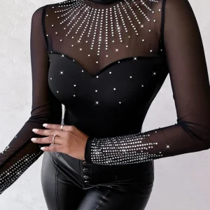 body femme paillettes strass manche longue