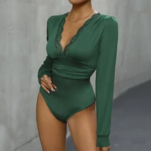 body femme habillé vert foncé col V à dentelle