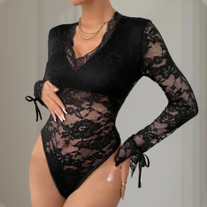 body dentelle femme noir chic à manches nouées