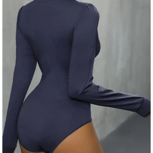 body bleu foncé à dentelle col V pour femme