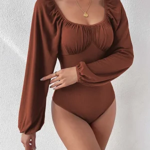Body Femme Manche Longue Col Carré Élégant Marron