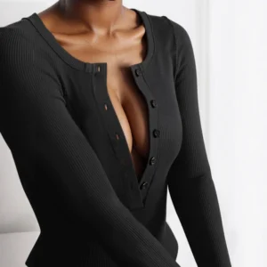 body côtelé femme noir à boutons confortables