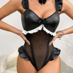 Body Femme Noir Effet Cuir et Transparent avec Volants Style Lingerie Sensuel