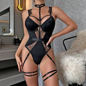 Body Femme Noir Lingerie Harnais avec Dentelle et Jarretelles Style Sexy et Structuré