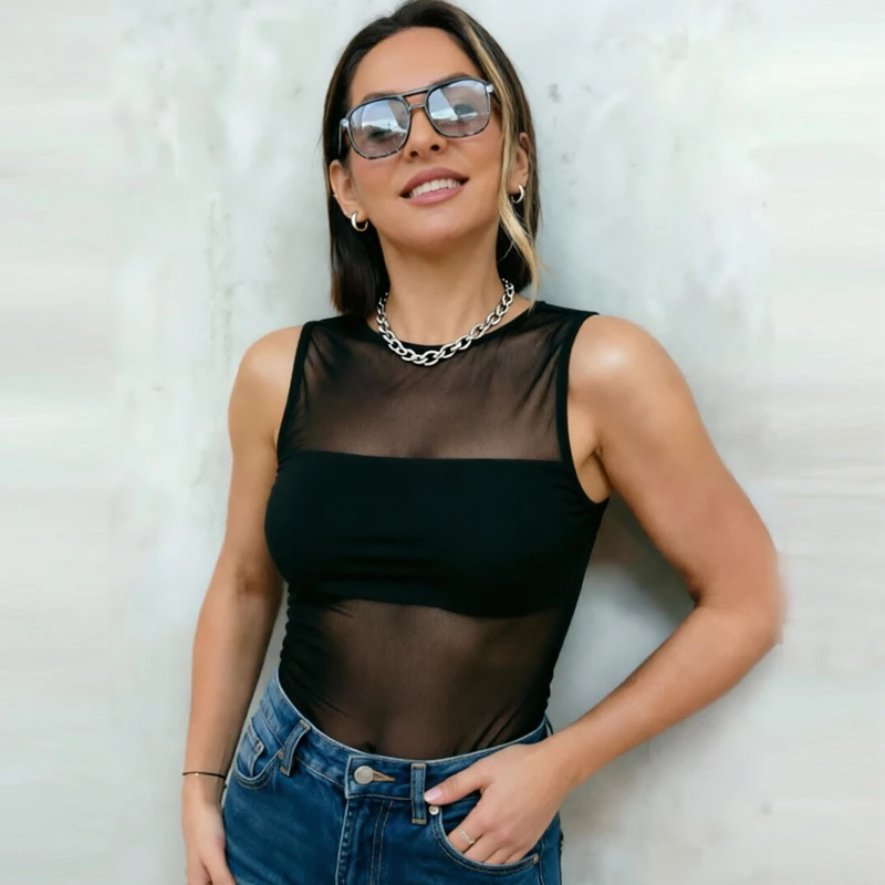 Body femme noir sans manches transparent avec bandeau